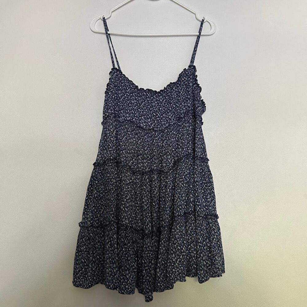 Lulus Floral Tiered Mini Dress Women’s Size M Navy Blue Ruffle Strappy